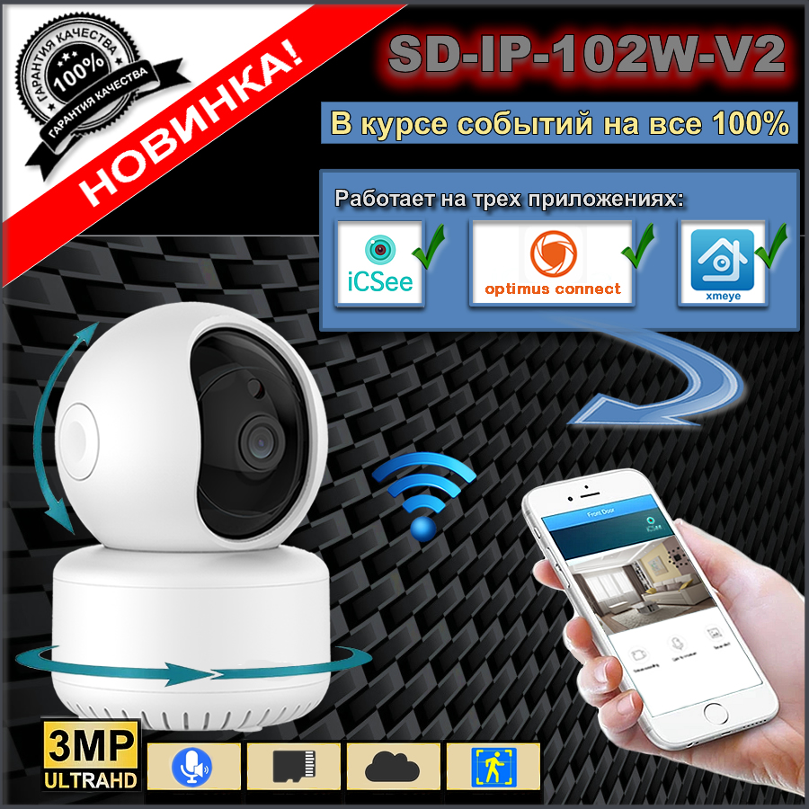 

IP-камера SSDCAM SD-IP-102W-V2, поворотная WiFi с записью на SD карту, Белый, SD-IP-102W-V2