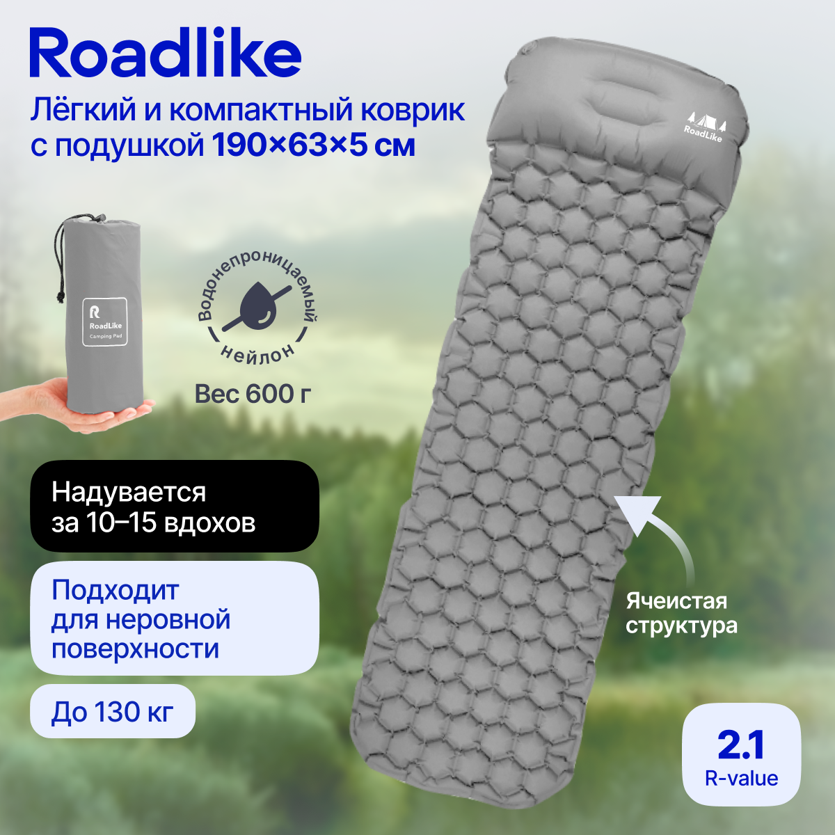 Коврик надувной туристический RoadLike Venture Серый