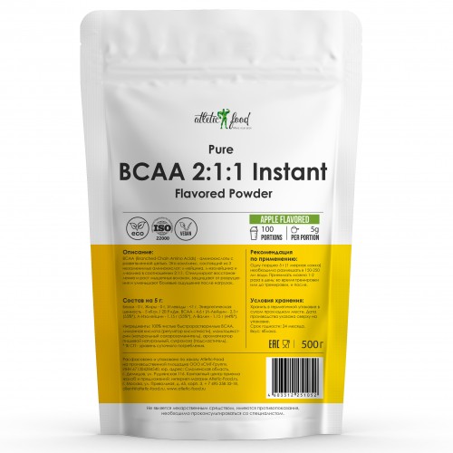 фото Bcaa atletic food bcaa 2:1:1 instant flavored powder - 500 грамм, яблоко