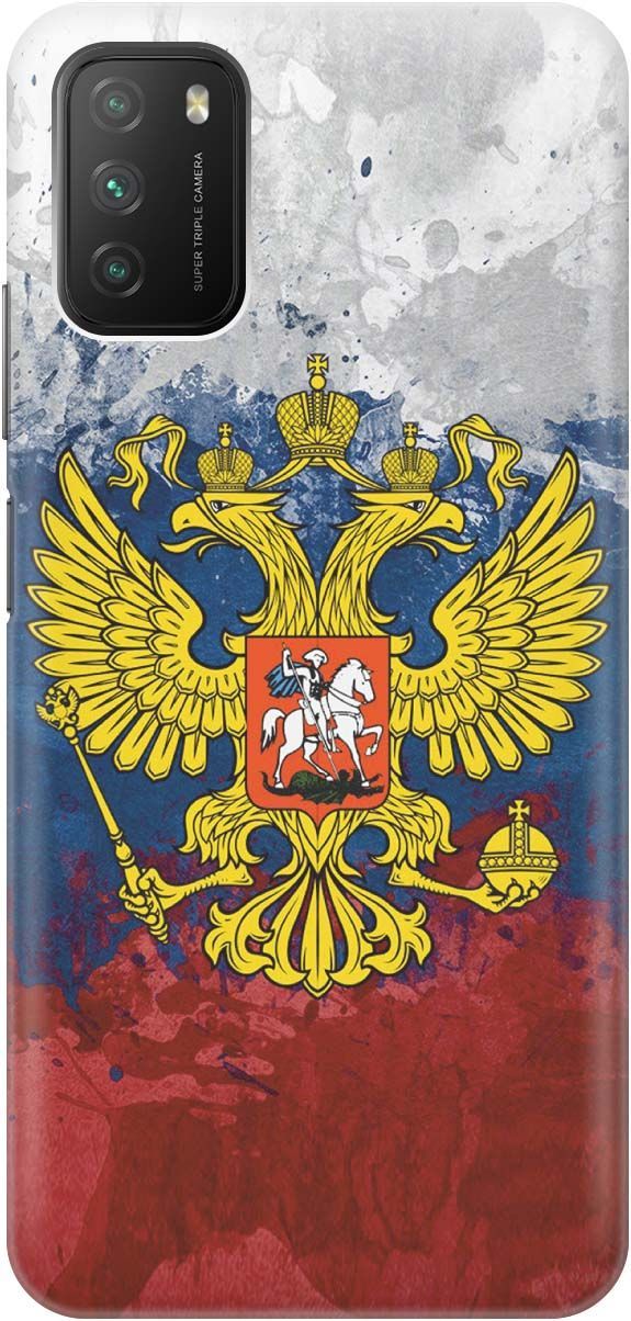 

Чехол на Xiaomi Redmi 9T "Герб и Флаг РФ", Голубой;желтый, 435