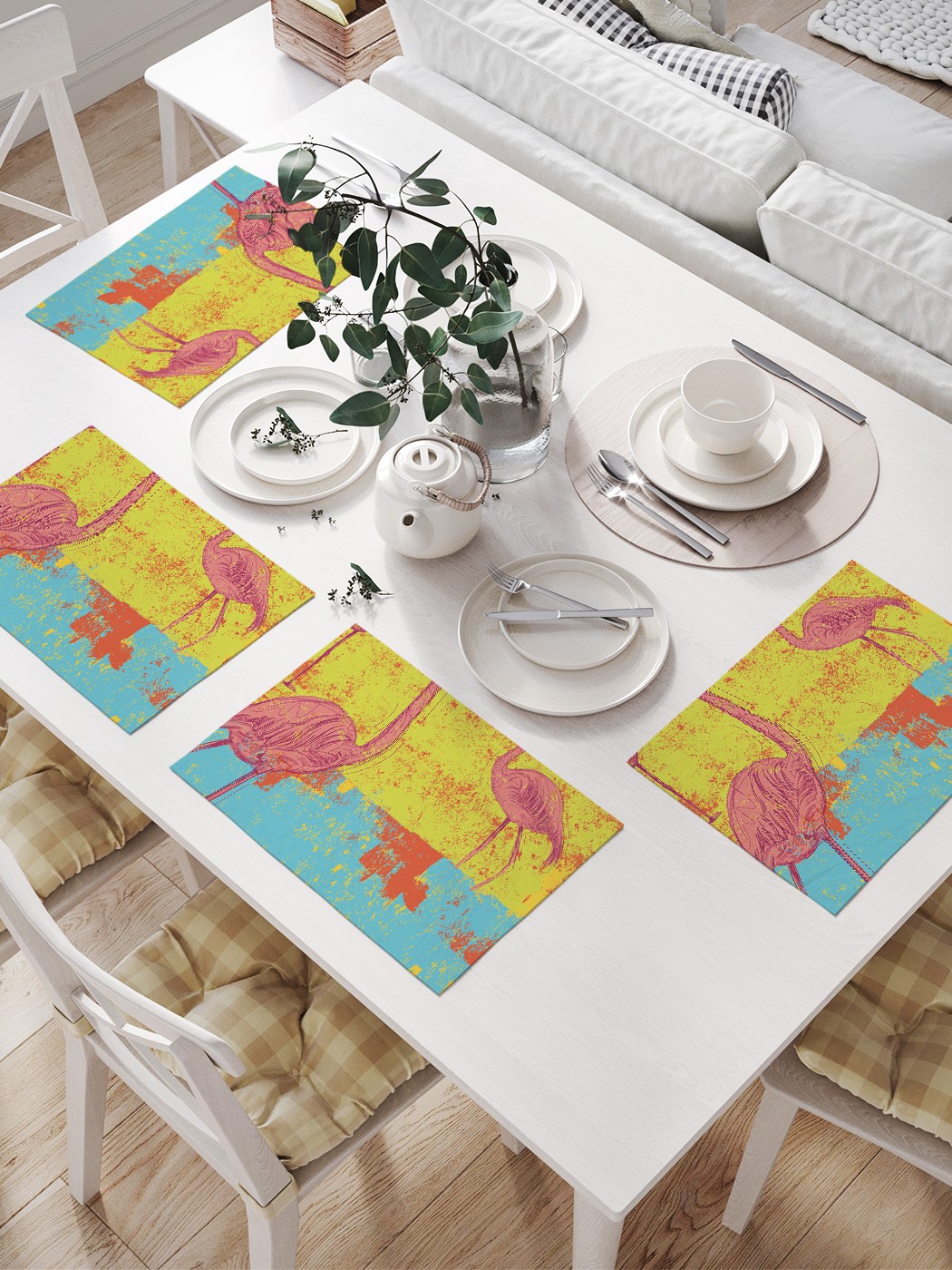 

JoyArty Комплект салфеток для сервировки стола «Загадочные фламинго» (32х46 см, 4 шт.), Желтый;голубой;розовый