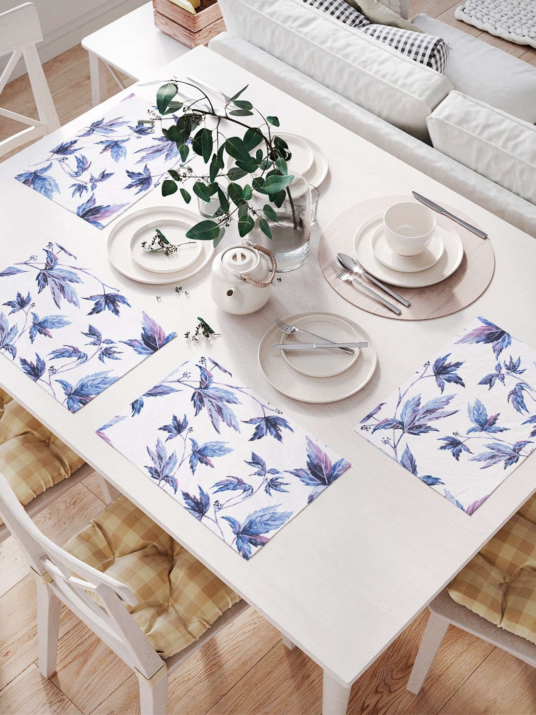 фото Joyarty комплект салфеток для сервировки стола «синие листья» (32х46 см, 4 шт.)