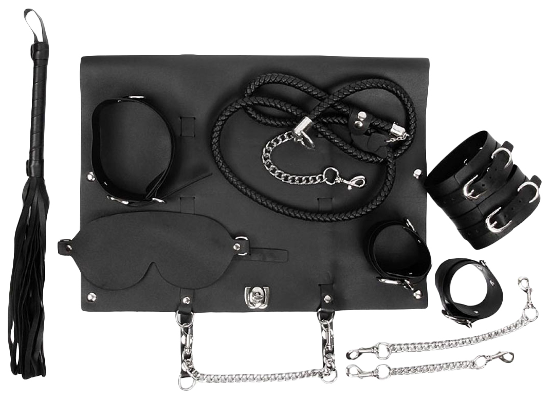 фото Черный набор бдсм в сумке маска ошейник с поводком наручники оковы плеть bior toys