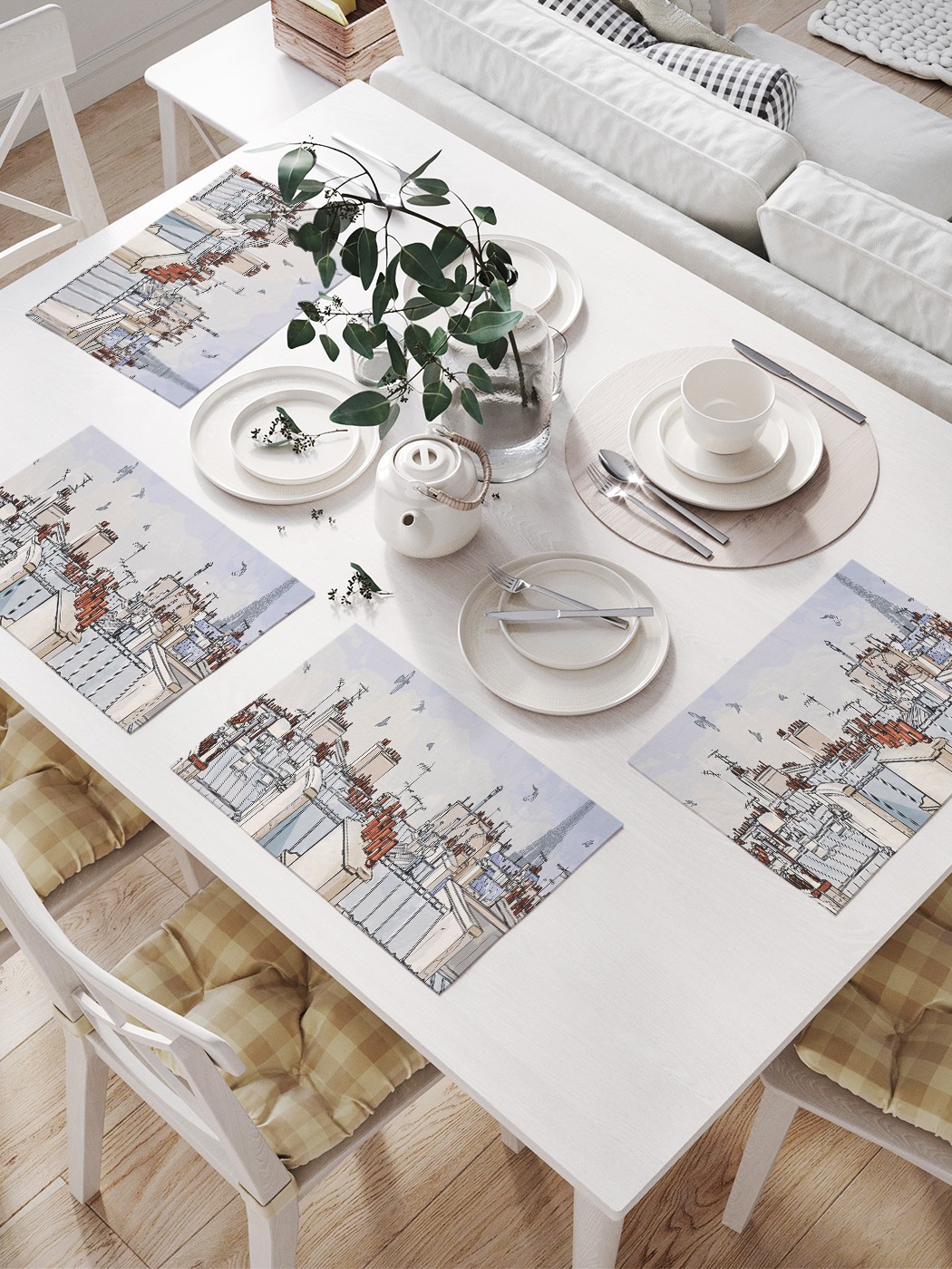 

JoyArty Комплект салфеток для сервировки стола «Городской пейзаж» (32х46 см, 4 шт.), Голубой;желтый;серый