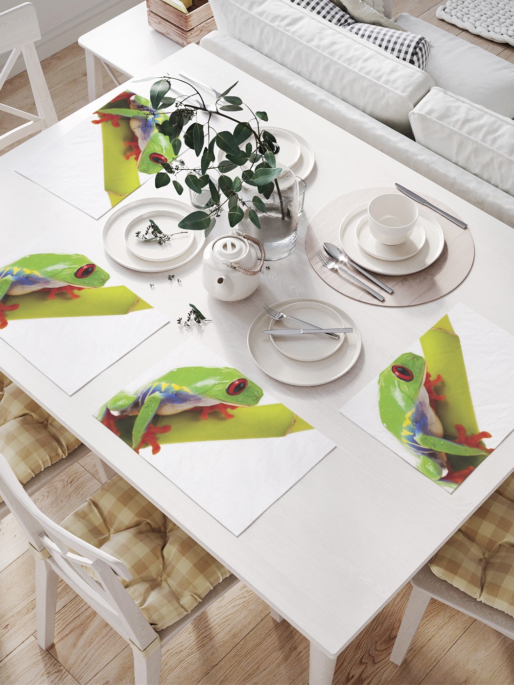 

JoyArty Комплект салфеток для сервировки стола «Лазающая лягушка» (32х46 см, 4 шт.), Красный;зеленый;серый