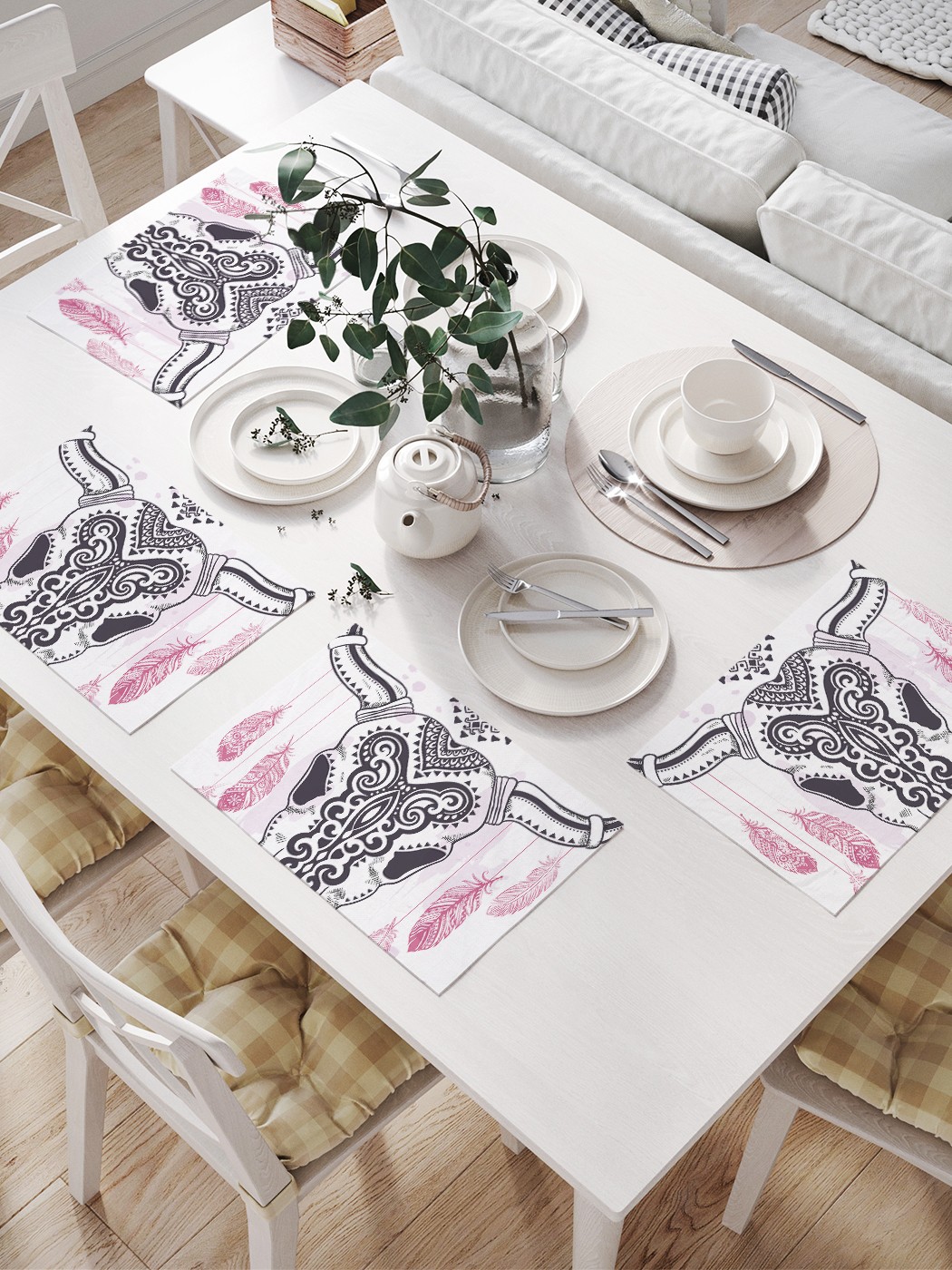 

JoyArty Комплект салфеток для сервировки стола «Рогатый череп с узором» (32х46 см, 4 шт.), Розовый;серый;черный