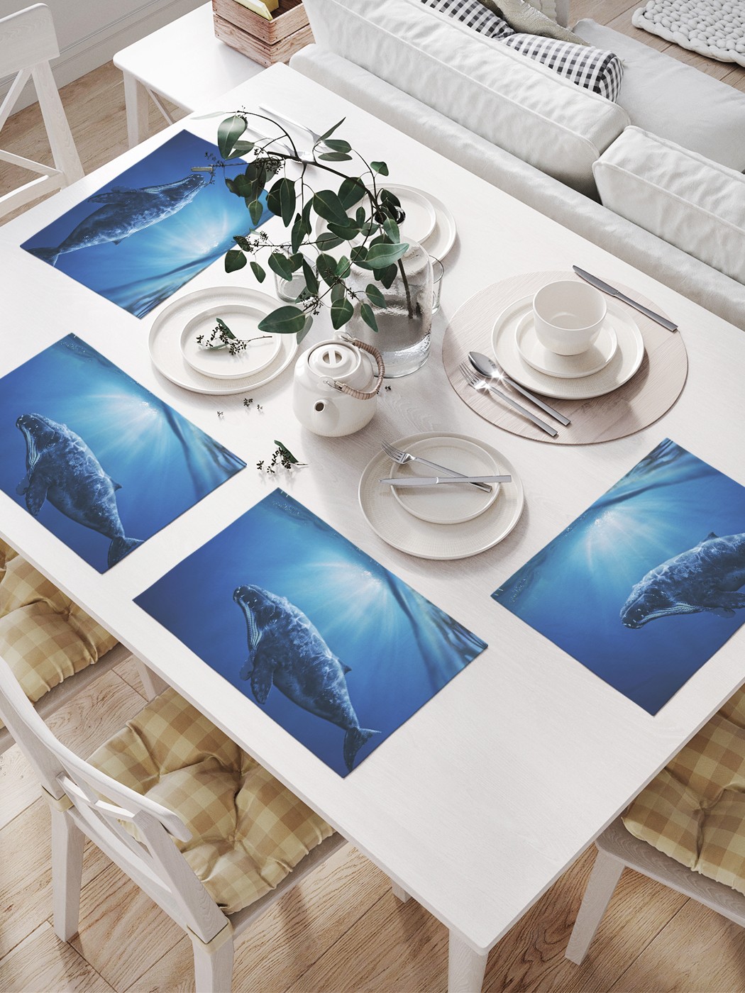 

JoyArty Салфетки для сервировки «Задумчивый кит» (32х46 см, 4 шт.), Синий;голубой;бежевый