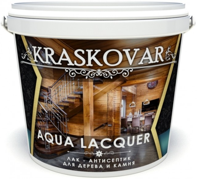 фото Лак-антисептик kraskovar aqua lacquer для дерева и камня, дуб 2л