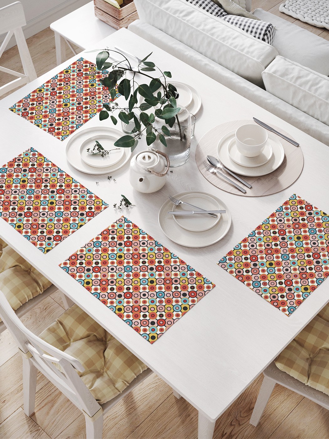 

JoyArty Комплект салфеток для сервировки стола «Узоры с кругами» (32х46 см, 4 шт.), Оранжевый;голубой;красный