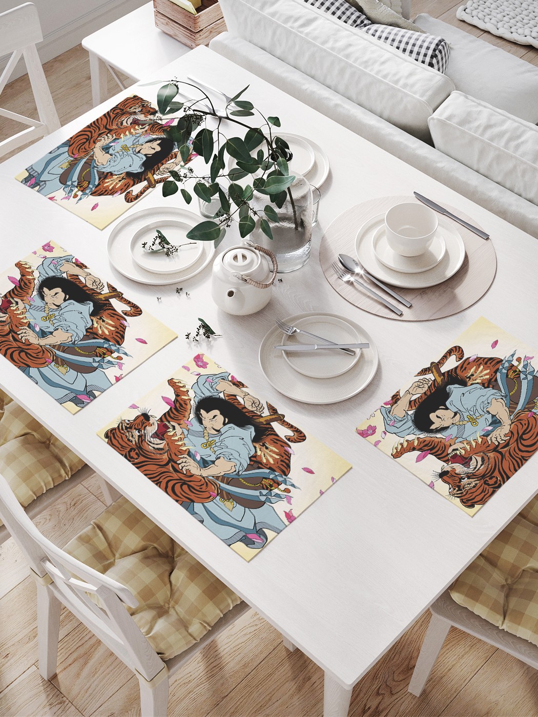 

JoyArty Комплект салфеток для сервировки стола «Сражение с тигром» (32х46 см, 4 шт.), Коричневый;голубой;розовый