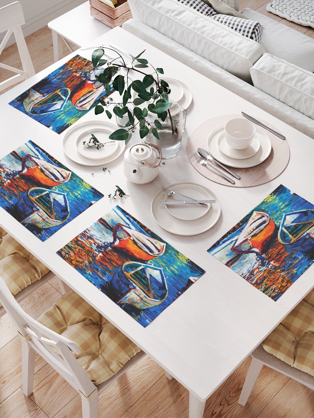 фото Комплект салфеток для сервировки стола «картина лодок на реке» (32х46 см, 4 шт.) joyarty