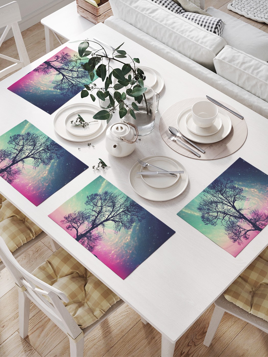 

JoyArty Комплект салфеток для сервировки стола «Древо космоса» (32х46 см, 4 шт.), Зеленый;розовый