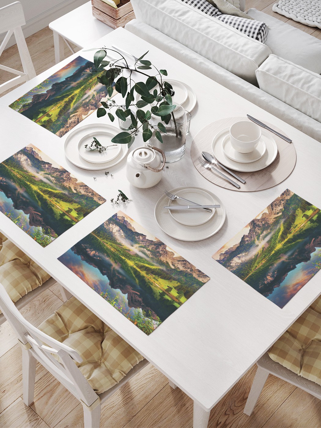 

JoyArty Комплект салфеток для сервировки стола «Утро в горах» (32х46 см, 4 шт.), Голубой;зеленый;оранжевый