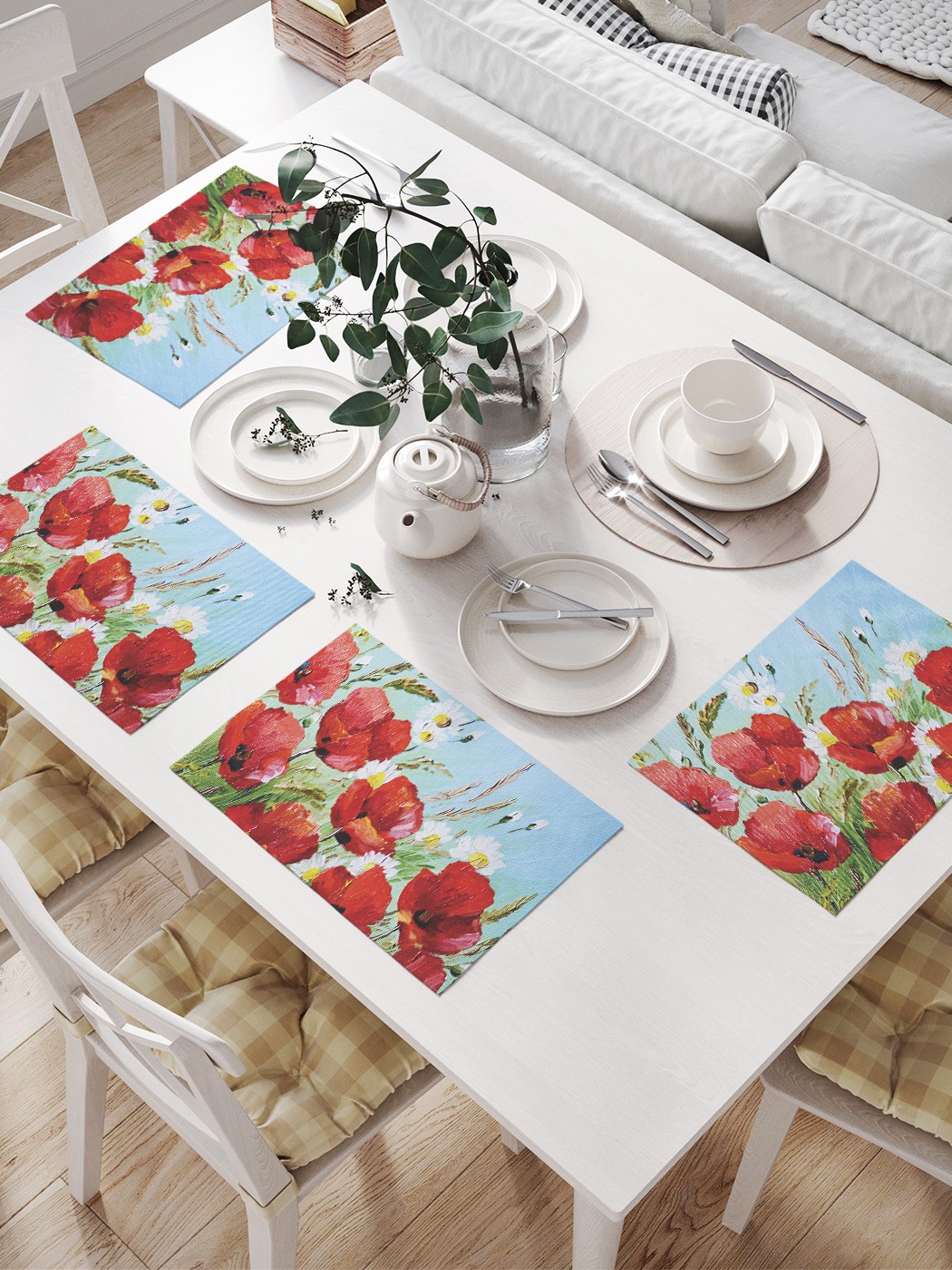 фото Joyarty салфетки для сервировки «композиция с маками и ромашками» (32х46 см, 4 шт.)