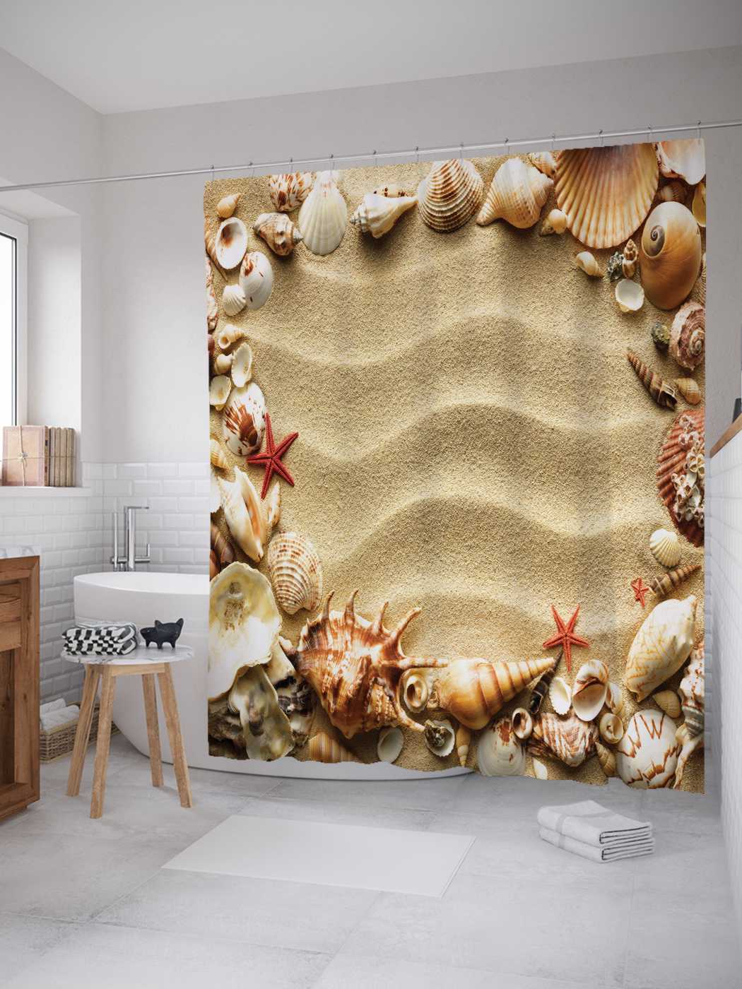 фото Штора для ванной joyarty "морская рамка" из сатена, 180х200 см с крючками