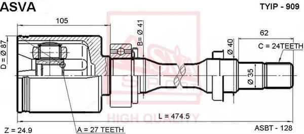 

ASVA TYIP909 ШРУС ВНУТРЕННИЙ ПРАВЫЙ 27x41x24 (OEM-исполнение) (10013160/200720/0367291/10,