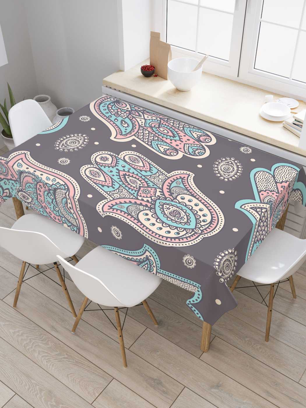 

Скатерть прямоугольная JoyArty "Хамса с завитками" из сатена, 120x145 см, Серый, Хамса с завитками