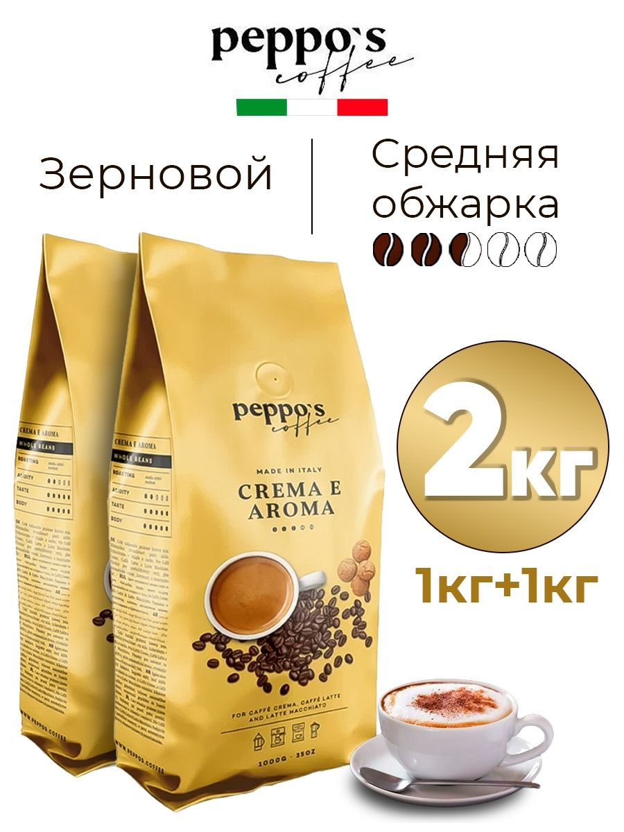 Кофе Peppo's Coffee Crema e Aroma в зернах, арабика и робуста, 2 шт по 1000 г