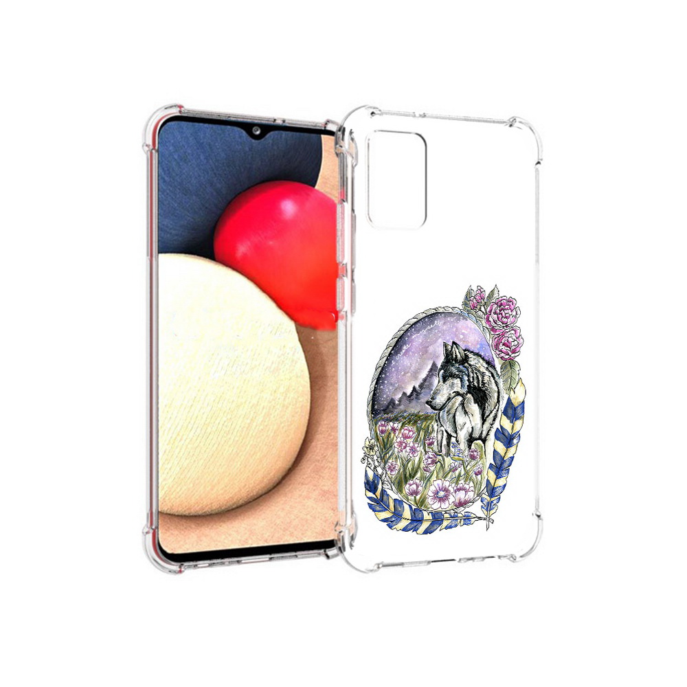 

Чехол MyPads Tocco для Samsung Galaxy A02s нарисованный волк в цветах с перьями, Прозрачный, Tocco