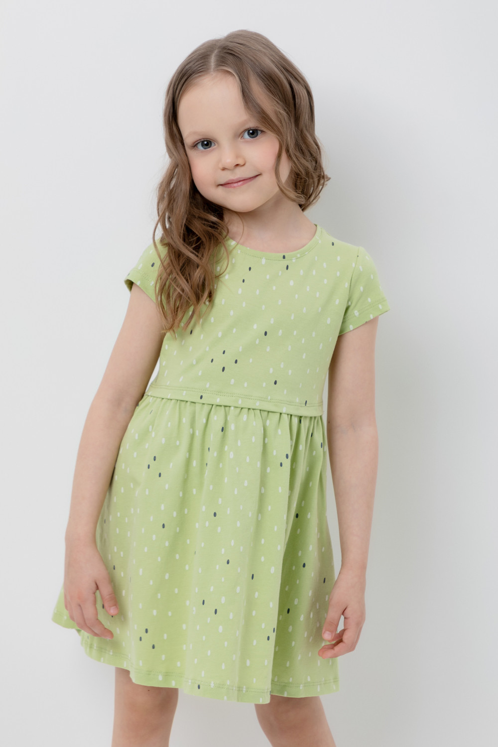 Платье детское CROCKID М 3252, сочный лайм, яркий горошек, 128
