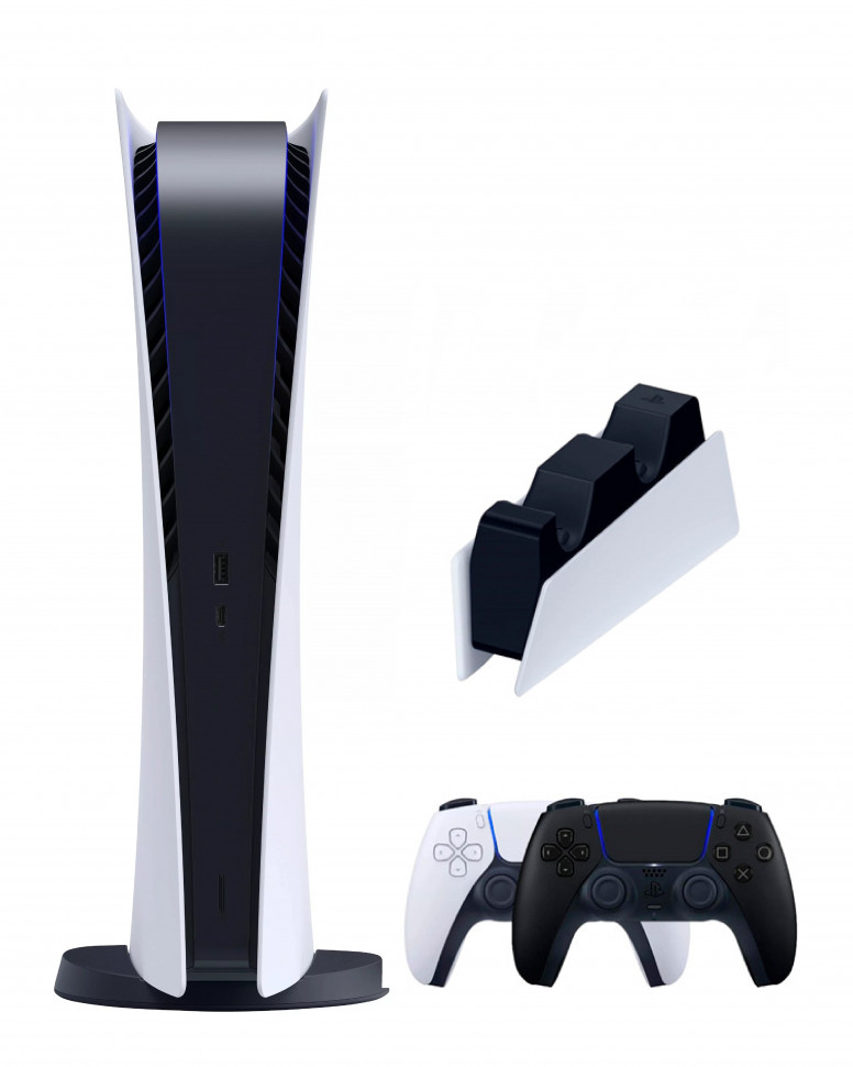 

Игровая приставка Sony PlayStation 5 Digital Edition+2-ой геймпад(черный)+зарядное, Белый;черный