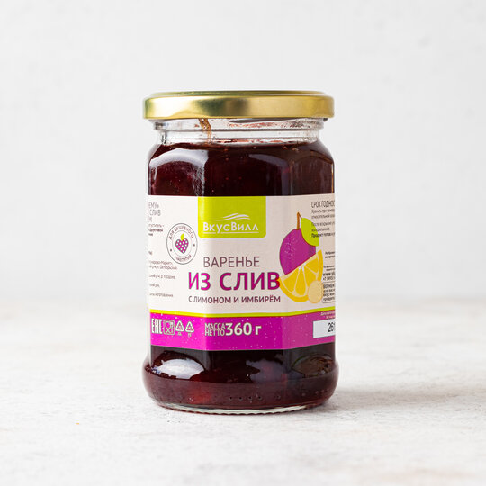 

Варенье ВкусВилл сливовое с лимоном и имбирем 360 г