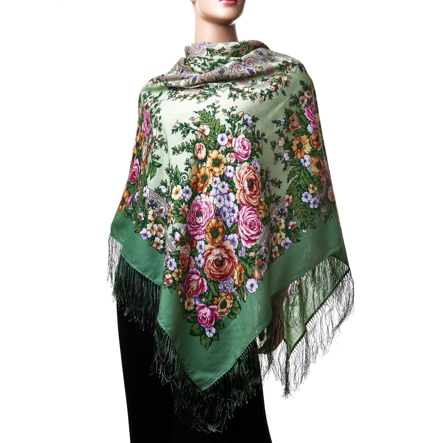 Платок женский Павлопосадские платки Письмо любимой зеленый, 125х125 см