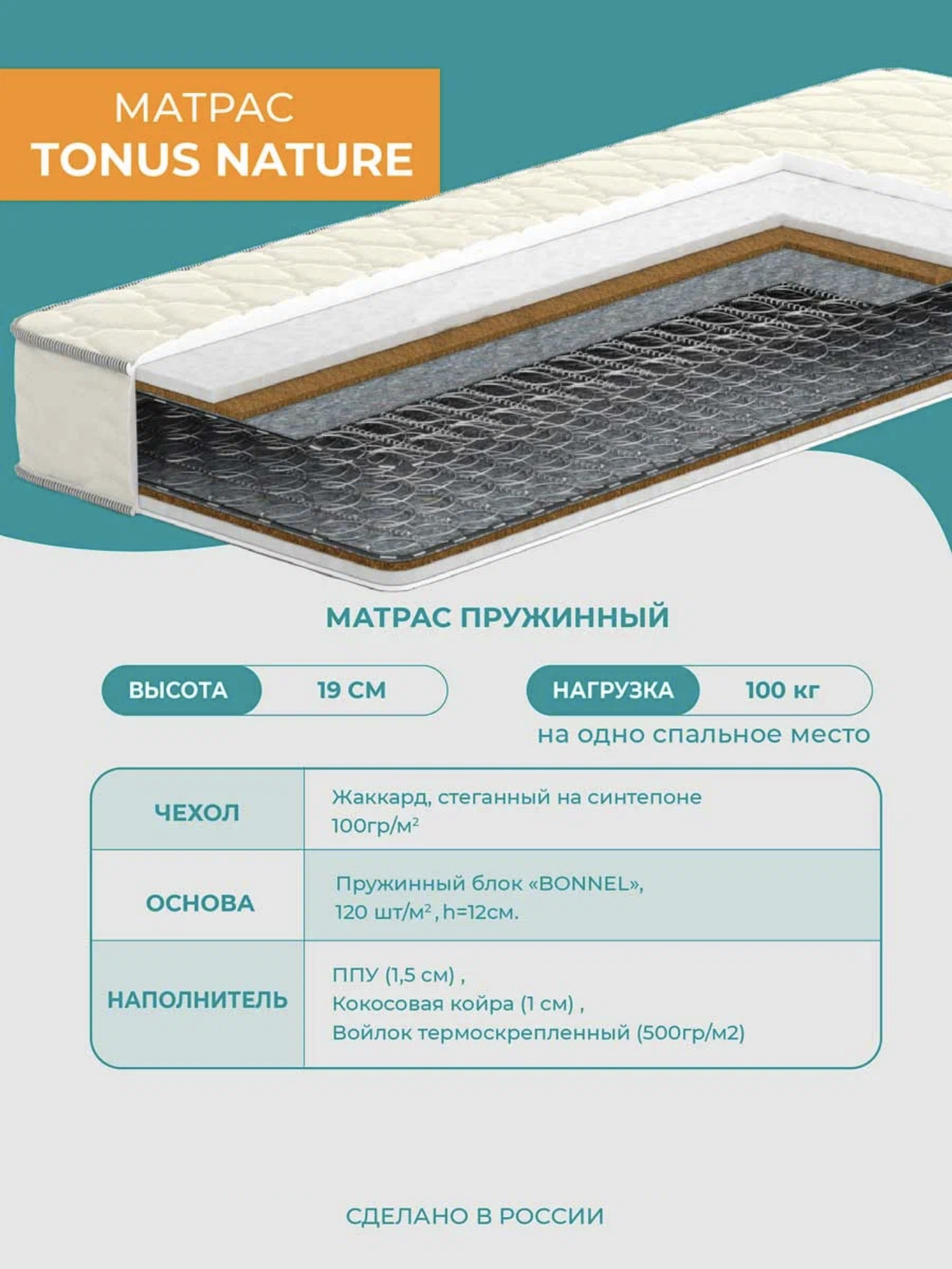 Матрас Аккорд Tonus Nature 140х200 пружинный жаккард