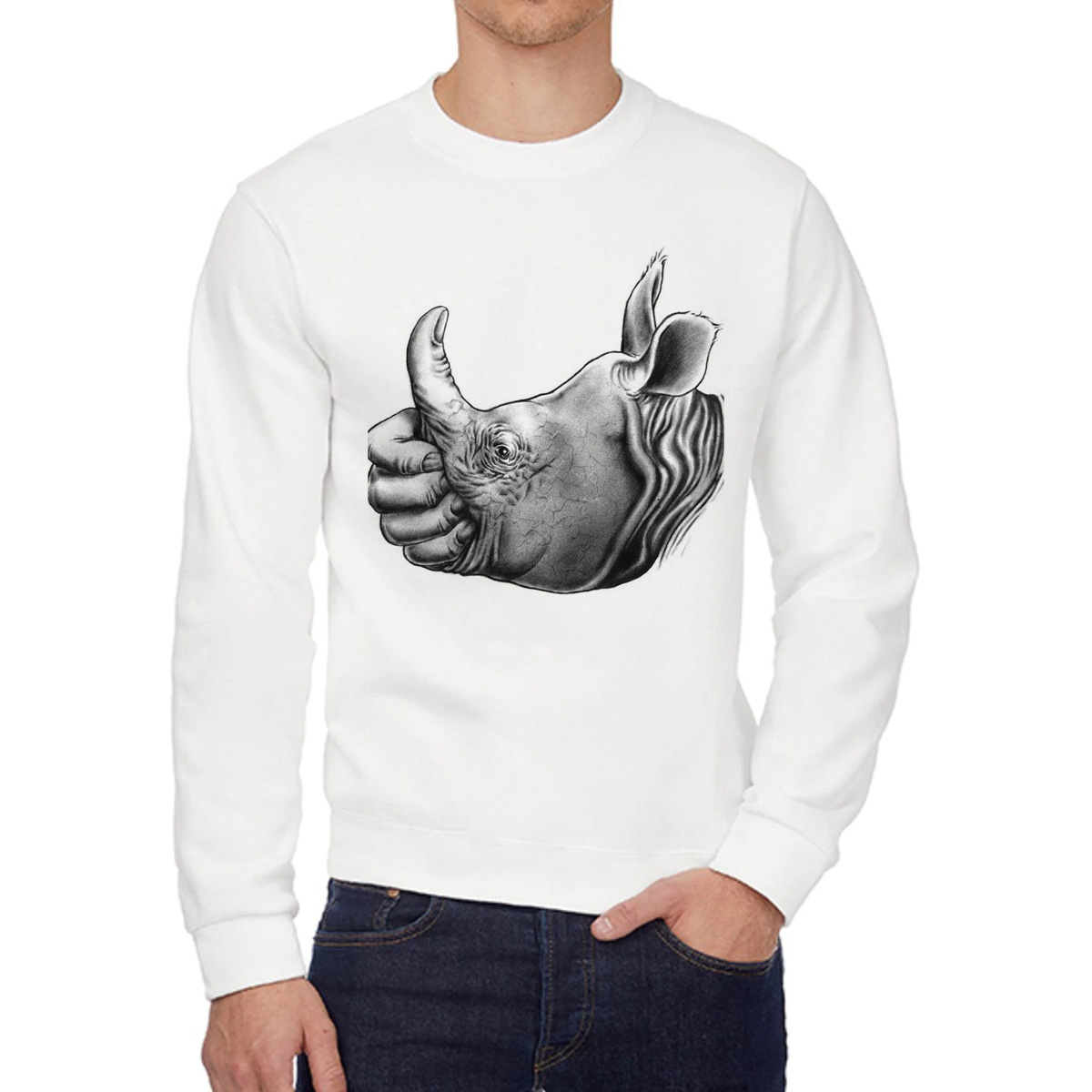 

Свитшот женский CoolPodarok Носорог палец вверх белый 44 RU, 4W015741