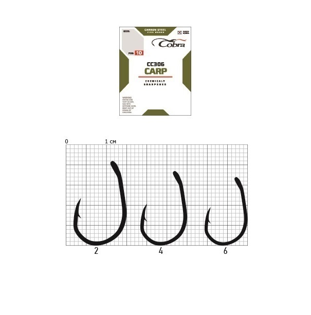 

Рыболовные крючки Cobra Carp Koi CC306, №6, 10 шт, Черный, Carp Koi CC306