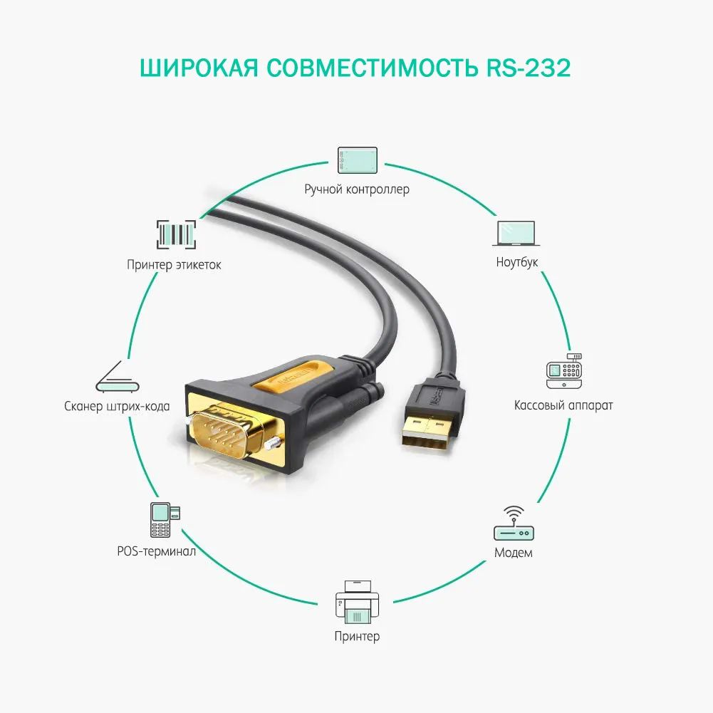 

Кабель uGreen USB - RS-232, 2м Black 20222, Черный