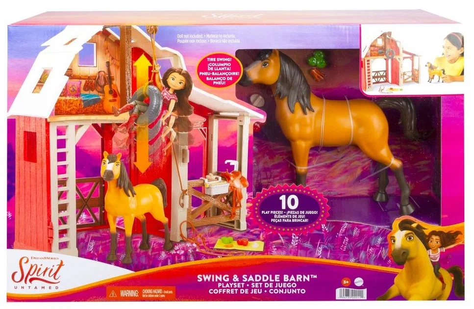 

Игровой набор Mattel Мустанг Дух свободы Конюшня кукла и 2 лошади HDK57, HDK57