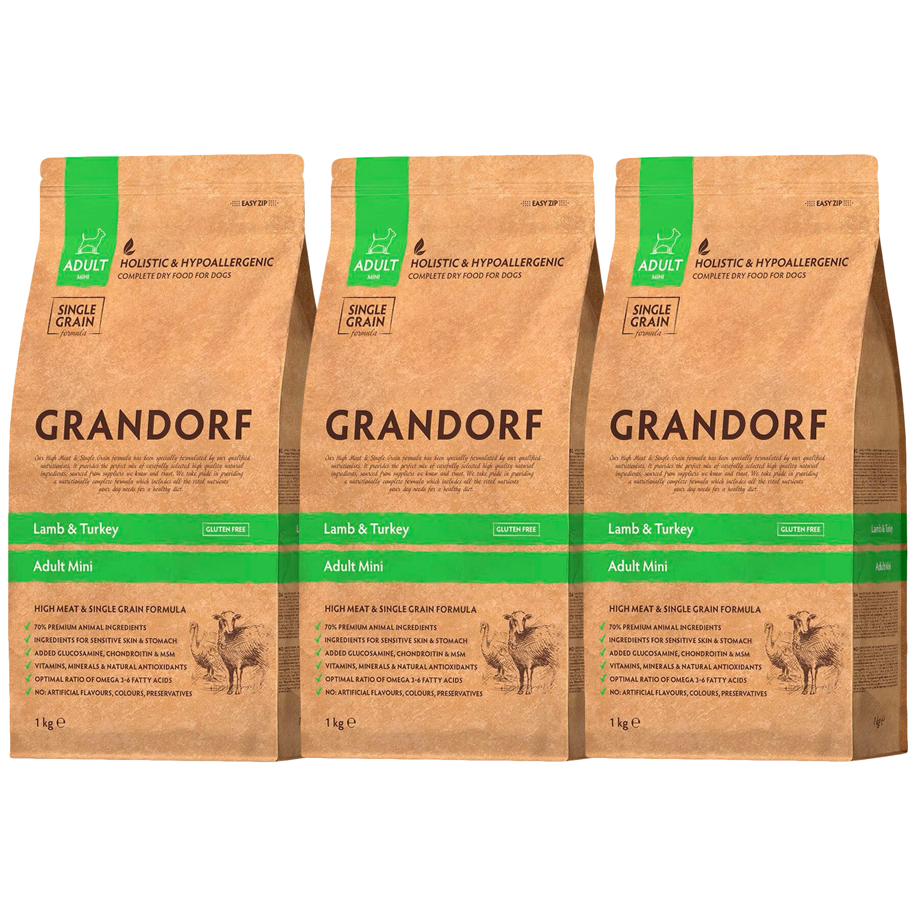 

Сухой корм для собак Grandorf Adult с ягнёнком и индейкой, 3шт по 1кг