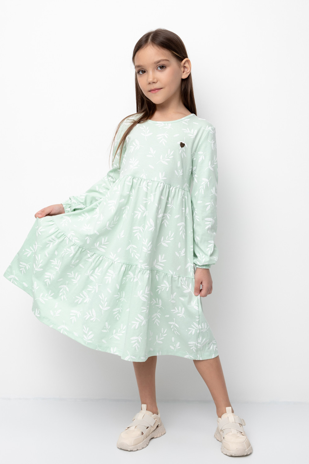 Платье детское CROCKID М 3467-1, пастельный зеленый, веточки, 104