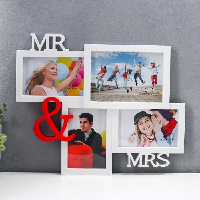 

Фоторамка пластик на 4 фото 10х15, 13х18 см "Mr&Mrs" белая 40х33х2 см, Белый