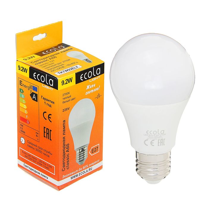

Лампа светодиодная Ecola Light classic, Е27, А60, 9.2 Вт, 2700 К, 110x60 мм