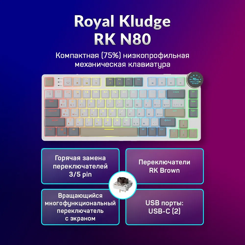 Проводнаябеспроводная клавиатура Royal Kludge RK N80 белый синий 6977576550670 1134900₽