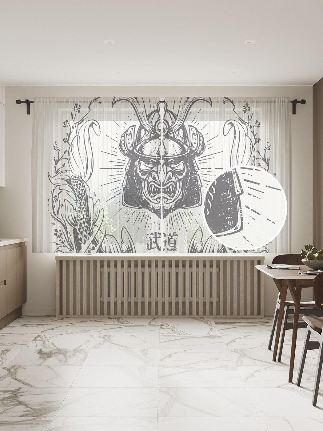 фото Фототюль joyarty "маска самурая", 145x180 см (2 полотна со шторной лентой + 50 крючков)