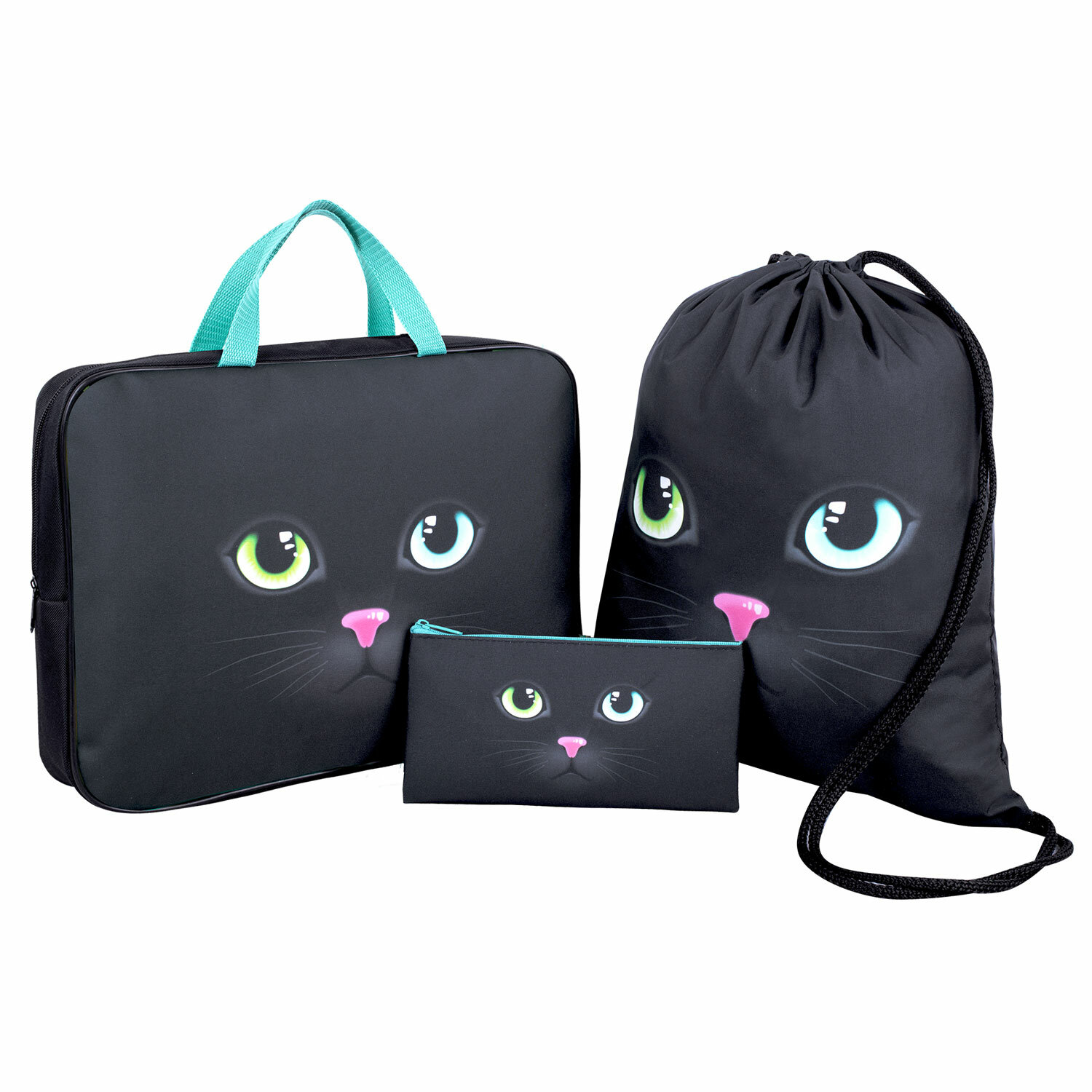 

Brauberg школьный набор : папка а4, мешок для обуви 42х33 см, 20х10 см, black cat
