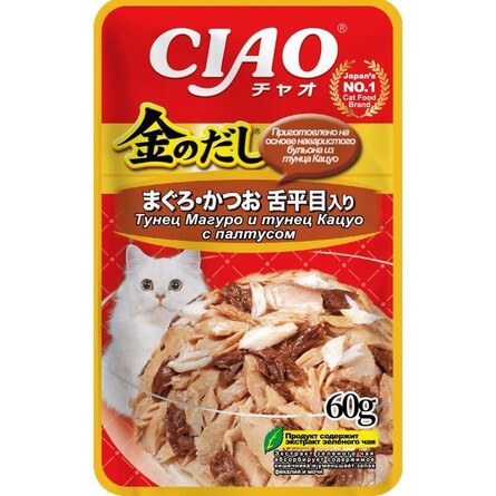

Влажный корм для кошек Inaba Kinnodashi, микс тунцов и палтус в желе, 60 г