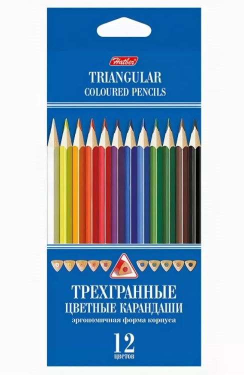 Карандаши цветные Hatber 12 цветов С заточкой В картонной коробке европодвес Трехгранные