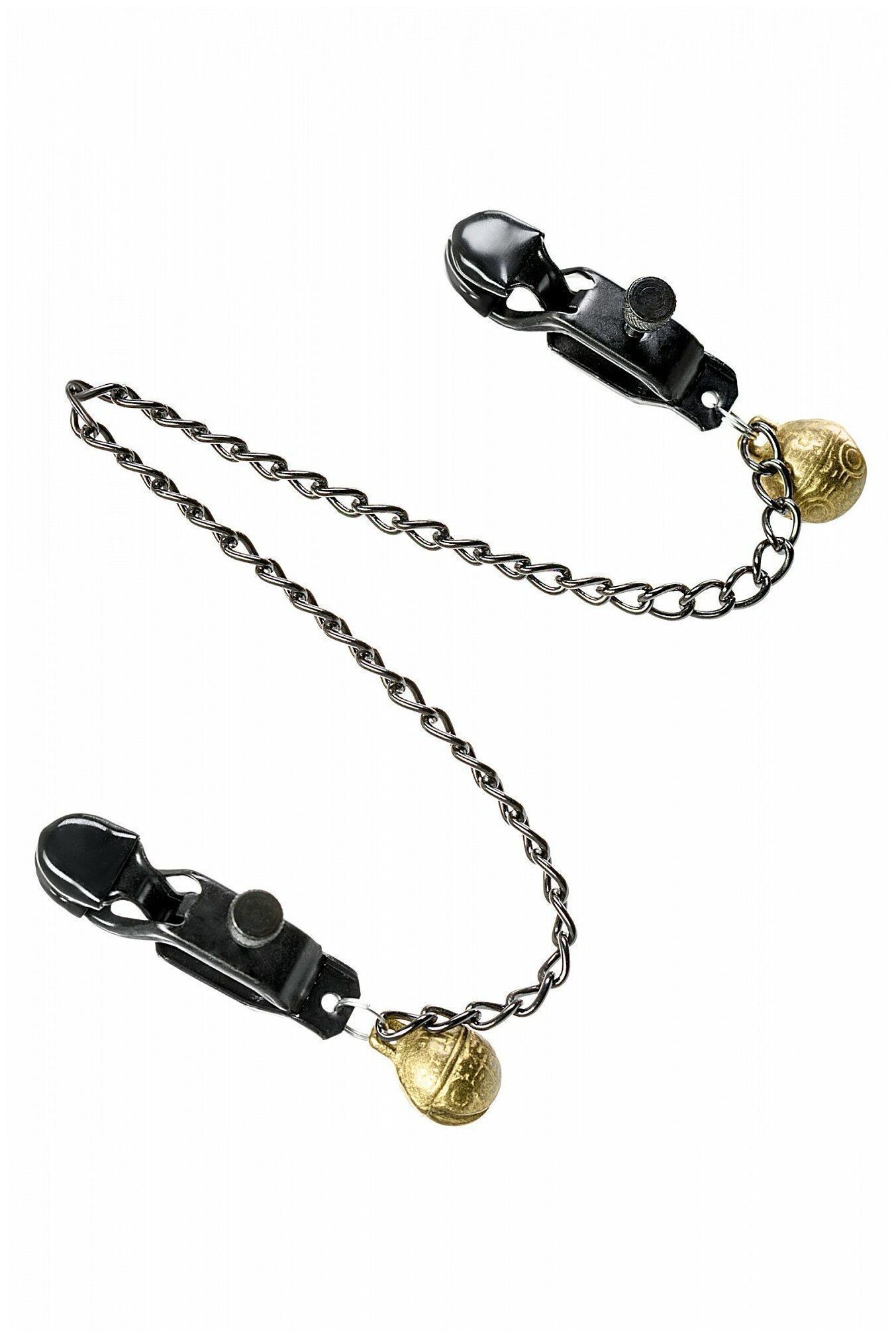 Регулируемые зажимы для сосков на цепочке KISSEXPO черные с бубенчиком золотистым