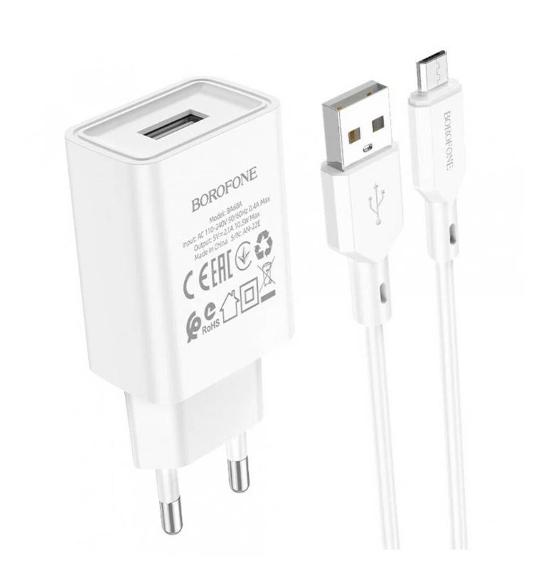 

Сетевое зарядное устройство c USB Borofone, BA68A,+Micro, белое, 2.1A