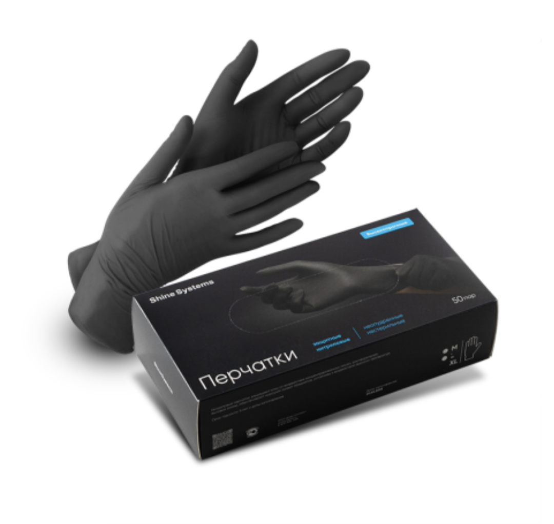 Перчатки Shine Systems нитриловые высокопрочные, размер L, цвет черный, 100 шт