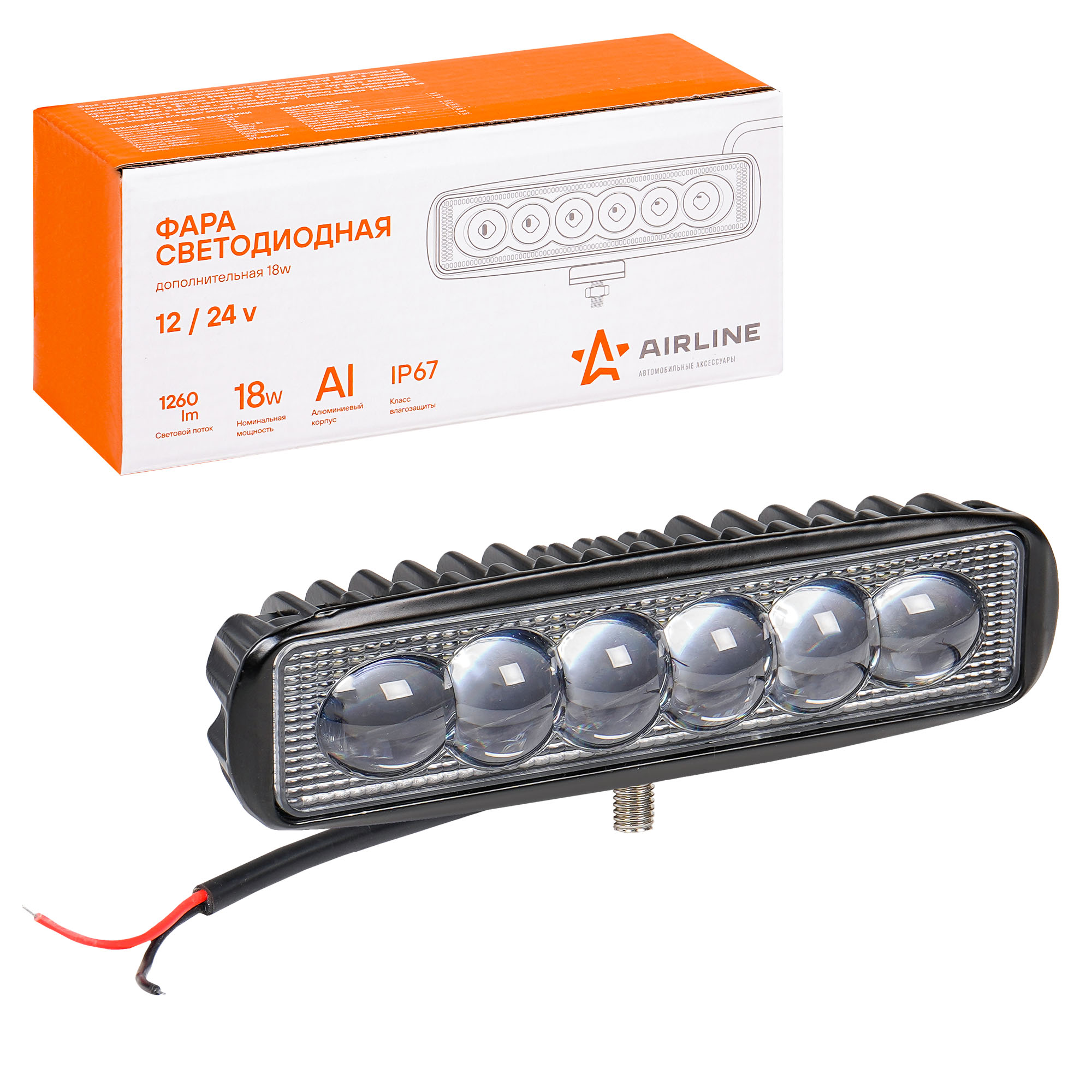 

AIRLINE ALED006 Фара светодиодная прямоугольная, 6 LED 4D линза, 18W, (157х42х40) 12/24V