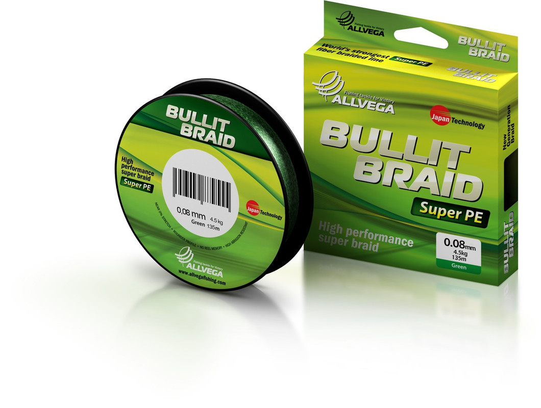 

Шнур плетёный ALLVEGA Bullit Braid 135 м, тёмно-зелёный, 0,08 мм, 4,5 кг, Зеленый, Bullit Braid