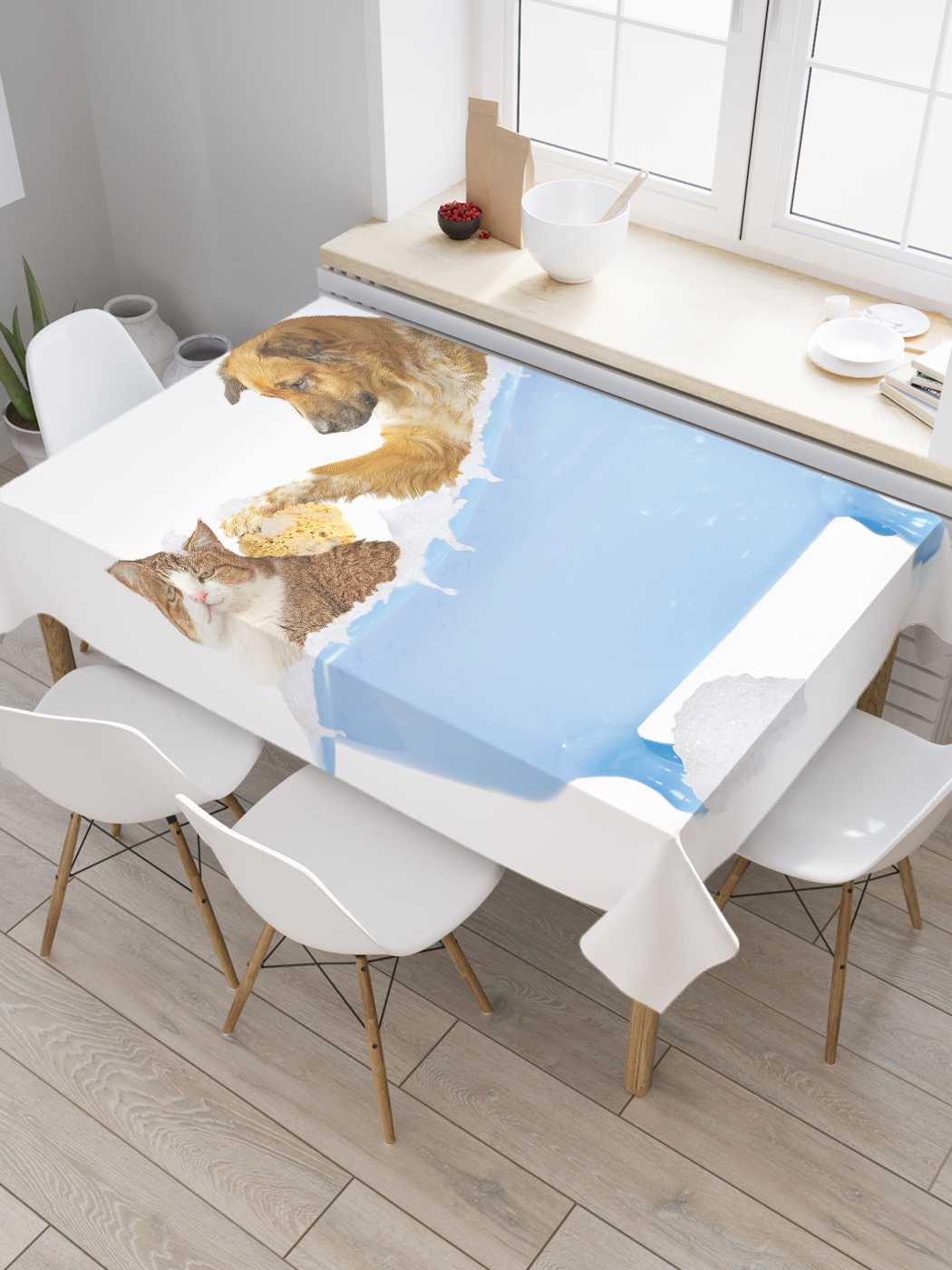 

Скатерть прямоугольная JoyArty "Кот и пес в ванной" из оксфорда, 180x145 см, Голубой, Кот и пес в ванной