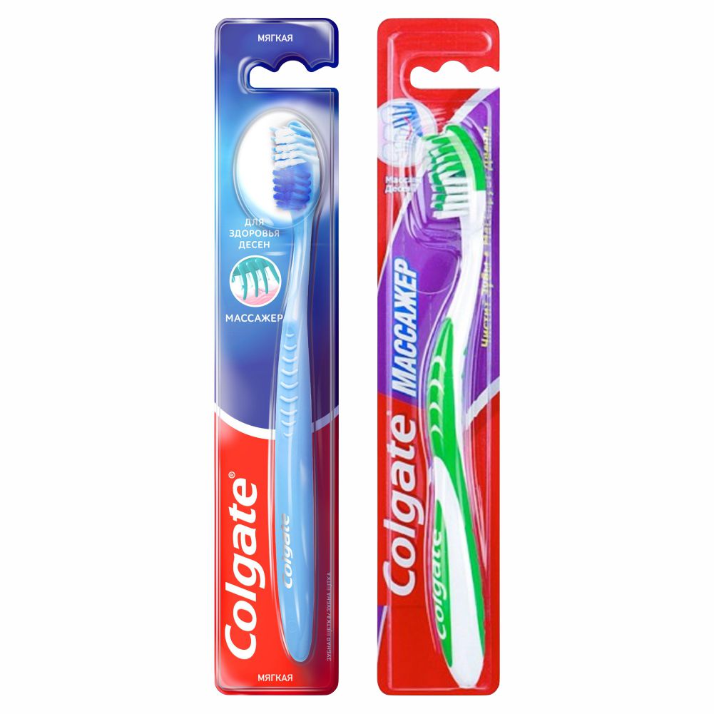 Набор зубных щеток Colgate Массажер мягкая + средняя пуходерка пластиковая мягкая с закругленными зубьями средняя 9 х 15 5 см зелёная