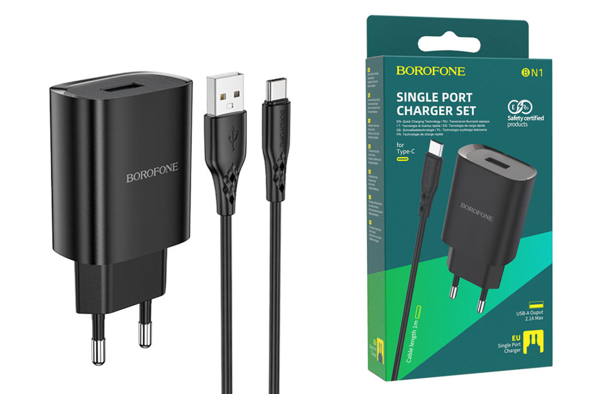 фото Сетевое зарядное устройство bn1 innovative single charger set usb + кабель type-c черный borofone