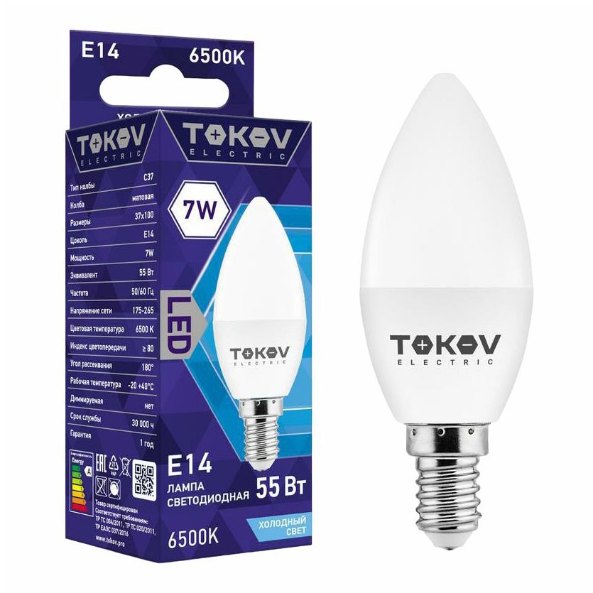 Лампа светодиодная Tokov Electric С37 7 Вт 6500К Е14 176-264В свеча